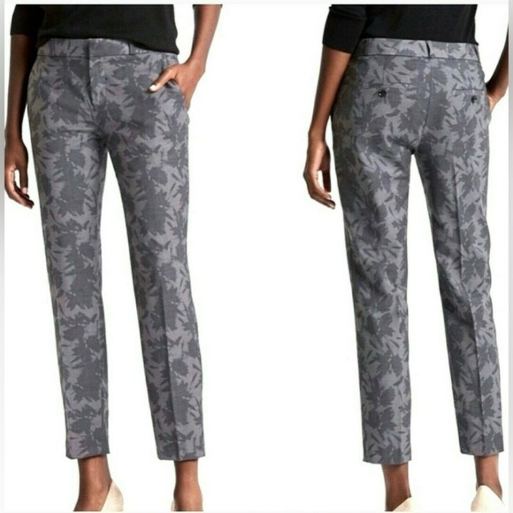 Banana Republic Avery Grey Tonal Floral Print Lined Ankle Pants Sz 0 LIKE NEW